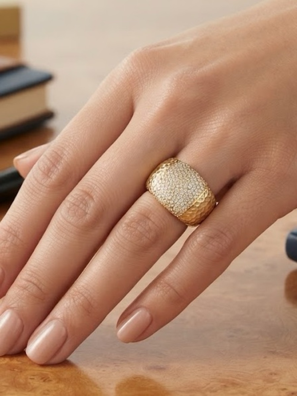 New Gold Filled Hammered Dome Ring with Moissanite Pavé Crystals - Adjustable